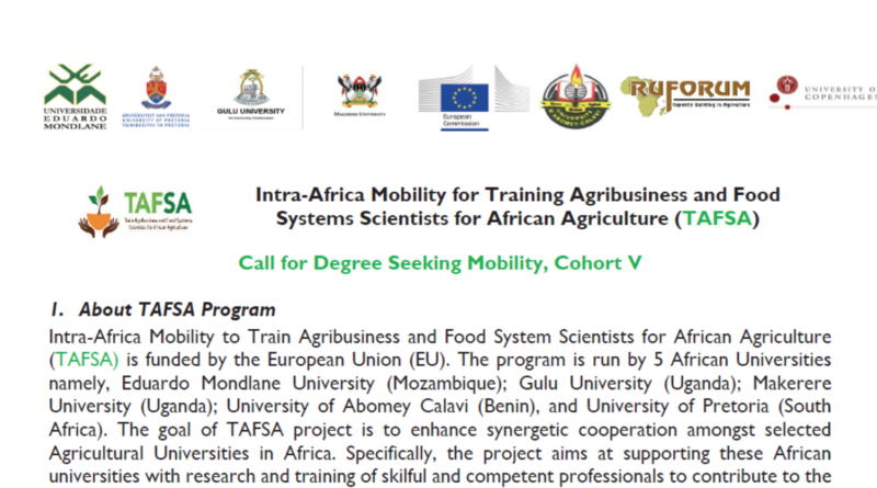 Four(4) University of Pretoria Intra Africa Mobility Scholarship Awards for Training Agribusiness and Food Systems Scientists for African Agriculture _TAFSA